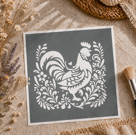 Pochoir Adhésif Coq Fermier et Motifs Floraux 22x20 cm – Déco Campagne et Nature