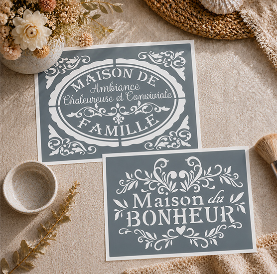 Lot de 2 Pochoirs Adhésifs Maison Bonheur 30x20 cm – Style Vintage Décoration DIY