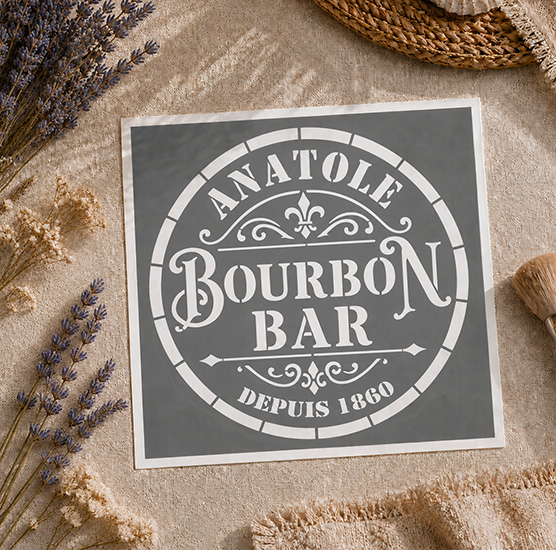 Pochoir Adhésif Médaillon Bourbon Bar 20x20 cm – Déco Vintage Pub, Bar & Cuisine