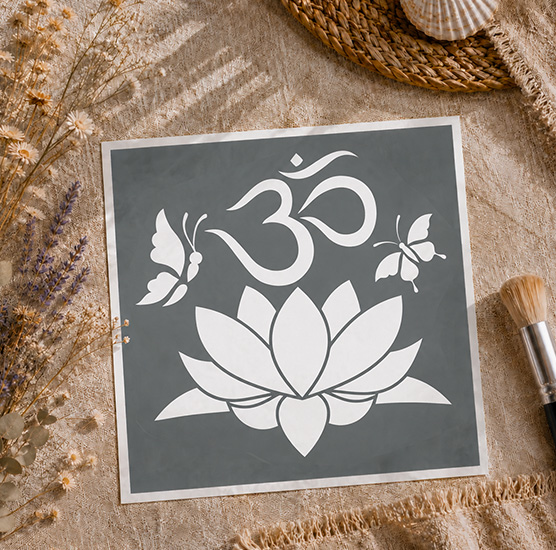 Pochoir Adhésif Om et Fleur de Lotus 20x20 cm – Déco Yoga et Harmonie Intérieure