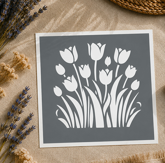 Pochoir Adhésif Tulipes Florales 20x20 cm – Motif Printanier pour Décoration DIY