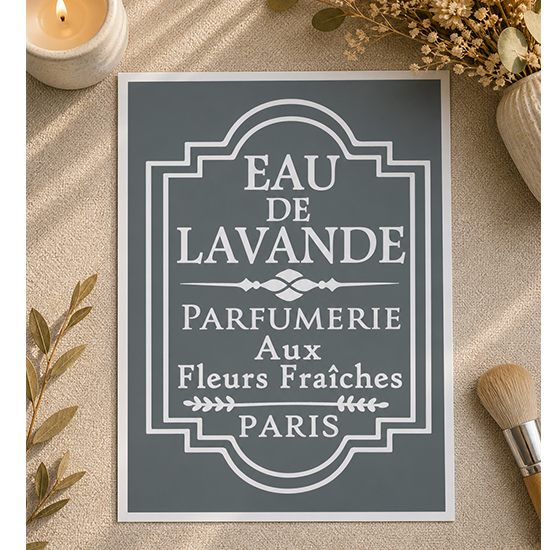 Pochoir Adhésif Vintage Eau de Lavande – Affiche Parfumerie Paris Fleurs 30x20 cm