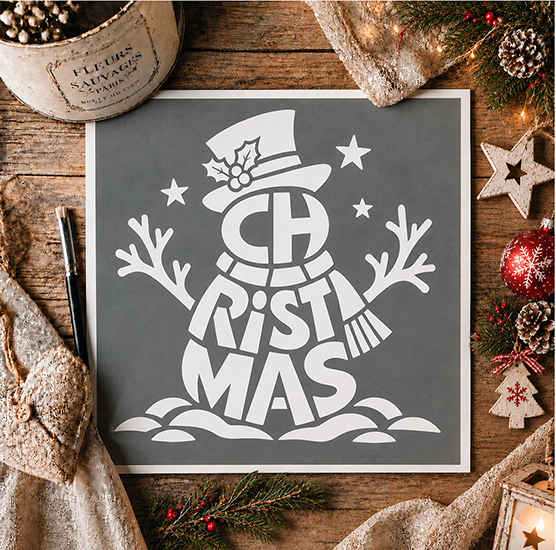 Pochoir Adhésif Bonhomme de Neige Christmas 20x20 cm – Stencil Noël avec Chapeau, Flocons & Étoiles