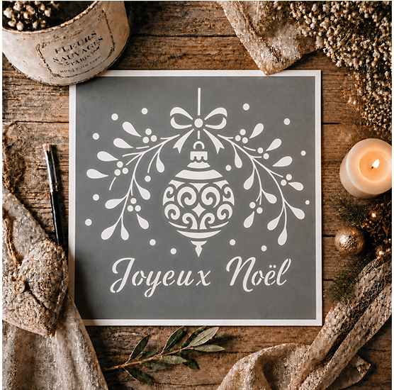 Pochoir Adhésif Boule de Noël « Joyeux Noël » 20x20 cm – Nœud, Branches et Déco de Noël