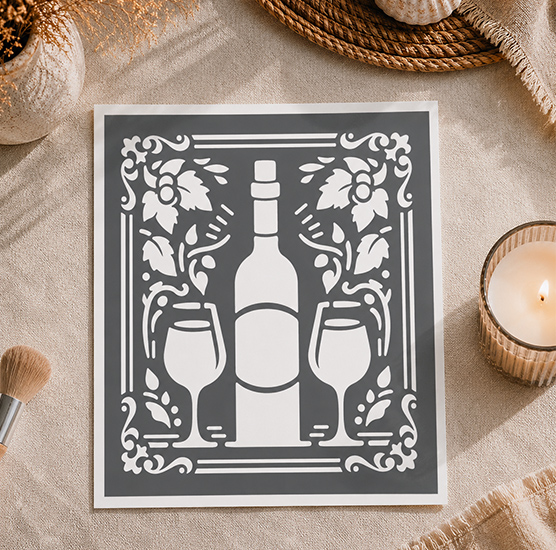 Pochoir Cave à Vin Vintage 25x20 cm – Bouteille & Verres Déco Bar Réutilisable