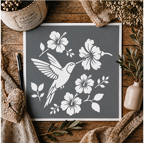 Pochoir Adhésif Colibri et Fleurs 20x20 cm – Déco Tropicale et Esprit Nature
