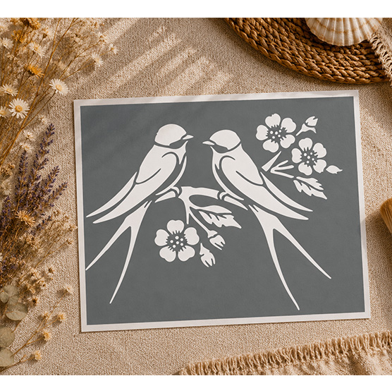 Pochoir Adhésif Hirondelles Fleuries 25x20 cm – Déco Nature Romantique