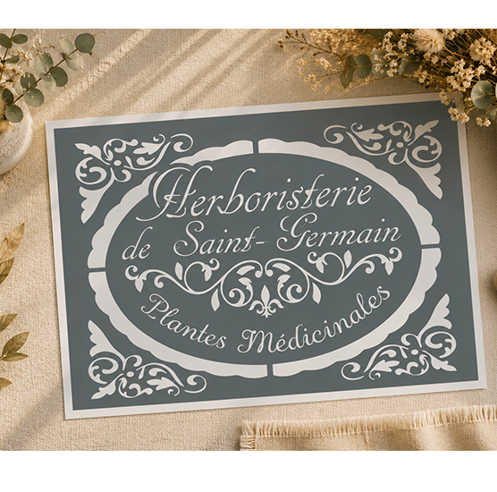Pochoir Vintage Herboristerie de Saint Germain – Médaillon Plantes Médicinales 30 x 20 cm