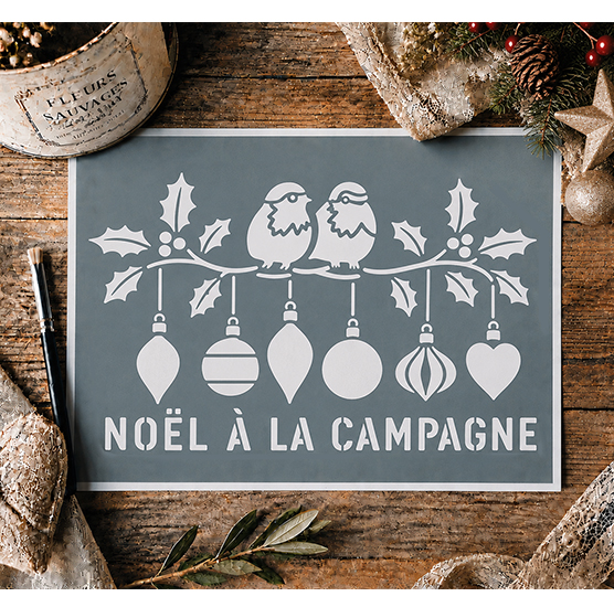 Pochoir Adhésif Noël à la Campagne 30x20 cm – Oiseaux, Houx et Décorations de Noël