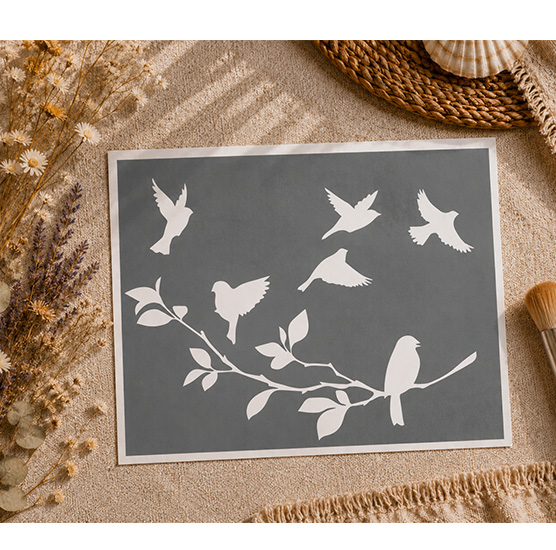 Pochoir Adhésif Oiseaux en Vol sur Branche 25x20 cm – Déco Nature et Ambiance Zen