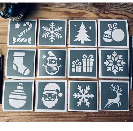 Lot de 12 Mini Pochoirs Adhésifs PVC, Motif Décorations de Noël, 8 x 8 cm.