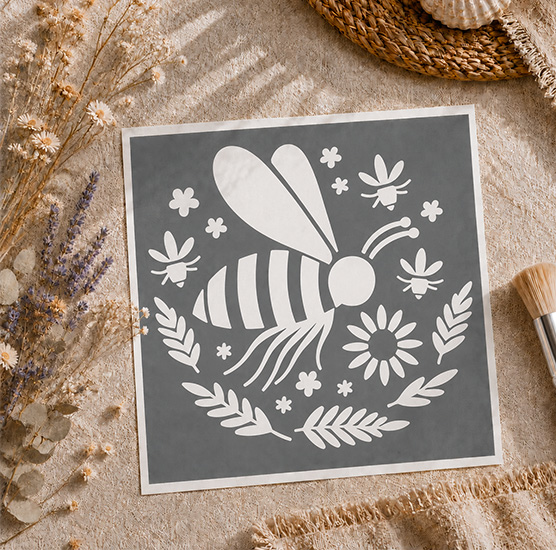 Pochoir Abeille et Fleurs 15x15 cm – Décoration Printemps, Nature et Bohème