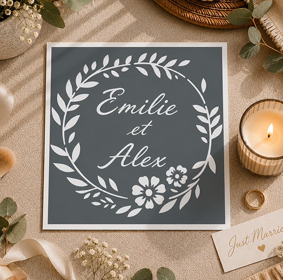 Pochoir Couronne Fleurie Mariage Personnalisable 20x20 cm – Pochoir Adhésif Réutilisable avec 2 Prénoms Déco DIY
