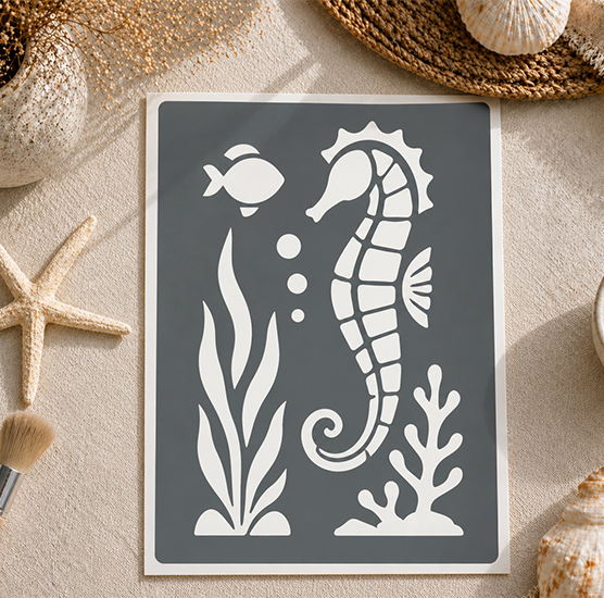 Pochoir Hippocampe et Motif Marin 20x15 cm – Pochoir Adhésif Réutilisable Déco Mer