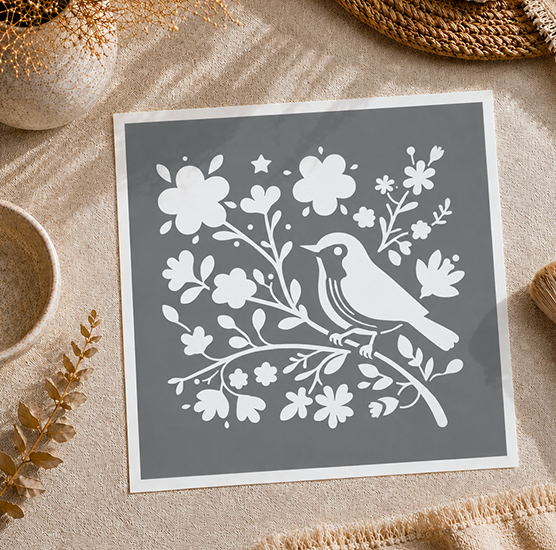 Pochoir Adhésif Oiseau Fleuri 20x20 cm – Motif Nature Printanière Déco DIY