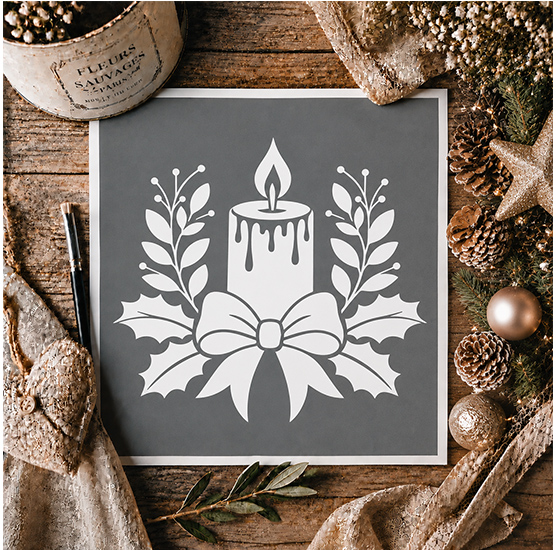 Pochoir Adhésif Noël 20x20 cm – Bougie, Houx et Nœud, Décoration de Noël