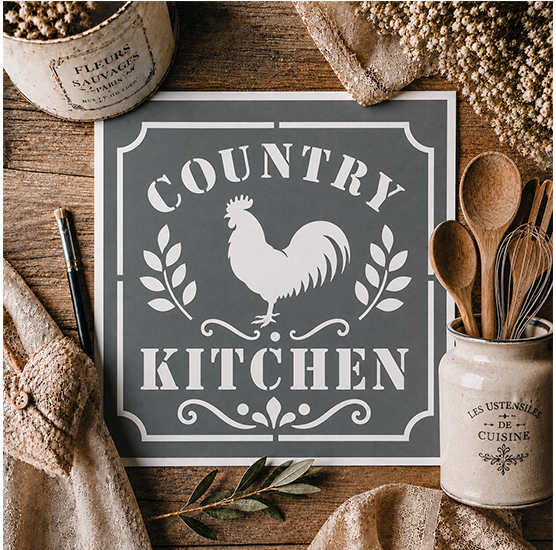 Pochoir Adhésif Country Kitchen 20x20 cm – Coq, Cuisine Campagne, Ferme et Style Vintage