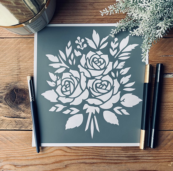 Pochoir Adhésif Style Nature en PVC, Motif Bouquet de Fleurs Roses, 20 x 20 cm