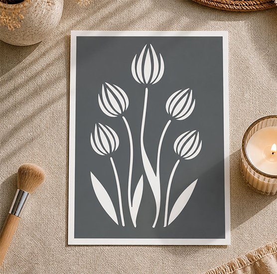 Pochoir Fleurs Stylisées 25x18 cm Adhésif Réutilisable – Déco Murale Florale DIY Peinture Meuble Bois