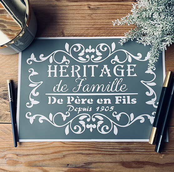 Pochoir Adhésif Style Vintage PVC, Motif Héritage de Famille, 30 x 20 cm