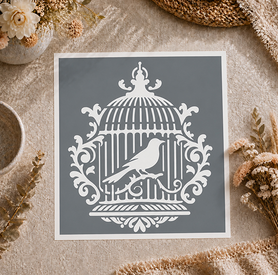 Pochoir Adhésif Cage d’Oiseau Vintage Baroque 25x20 cm – Décoration Chic