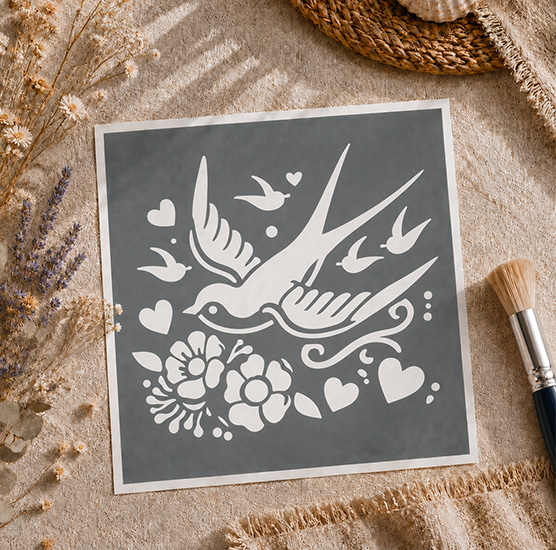 Pochoir Adhésif Hirondelle & Fleurs 20x20 cm – Déco Romantique Bohème