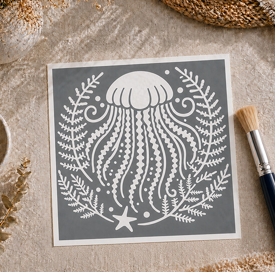 Pochoir Adhésif Méduse Marine 20x20 cm – Décoration Océan & Bord de Mer