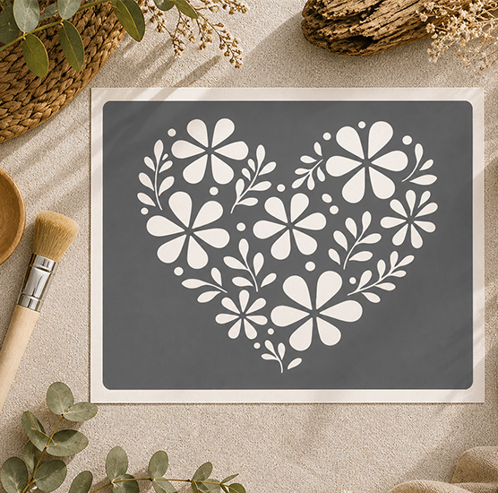 Pochoir Cœur Floral 22x18 cm – Pochoir Adhésif Fleurs et Feuillage Romantique Réutilisable