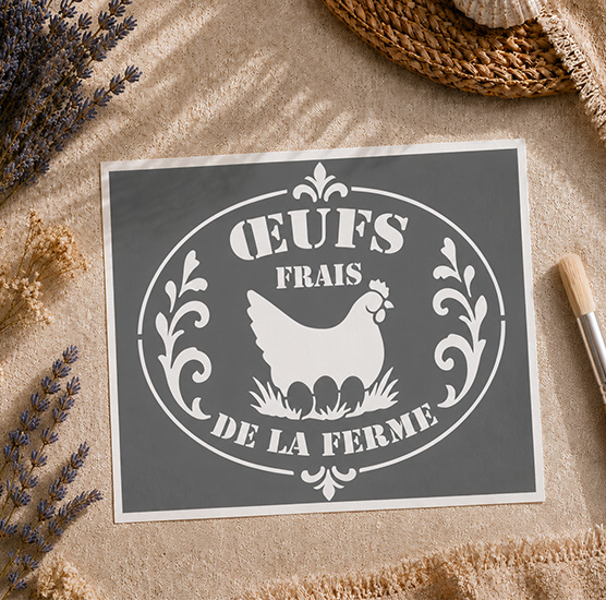 Pochoir Adhésif Oeufs Frais de la Ferme 25x20 cm – Style Vintage Campagne