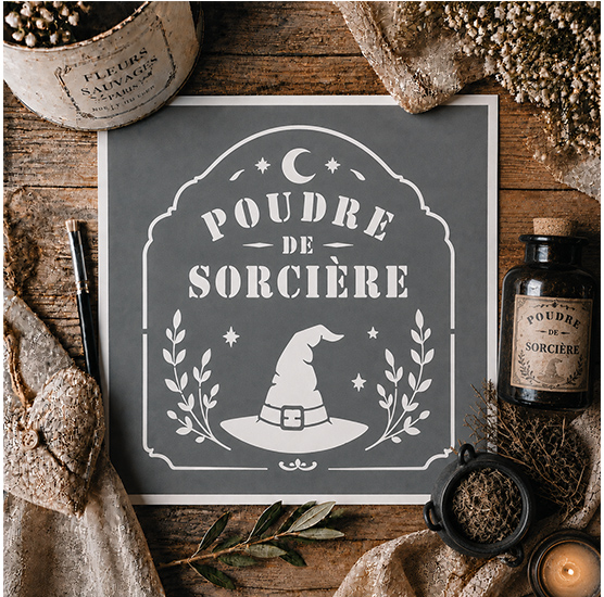 Pochoir Adhésif Poudre de Sorcière 20x20 cm – Sorcière Vintage, Magie, Potion et Halloween